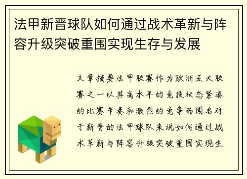 法甲新晋球队如何通过战术革新与阵容升级突破重围实现生存与发展